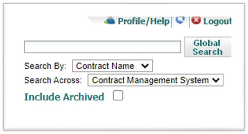 a search box that allows individuals to search by contract name in the contract management system.