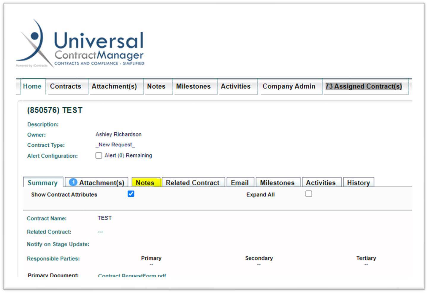 Screenshot of the Universal Contract manager page with tabs