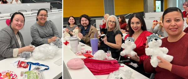 photos from a staff engagement event where people made stuffed animals