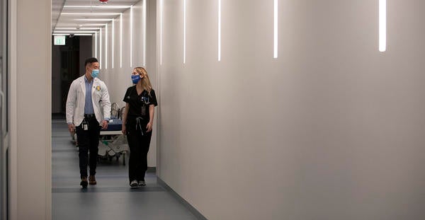 students in simulation center hallway