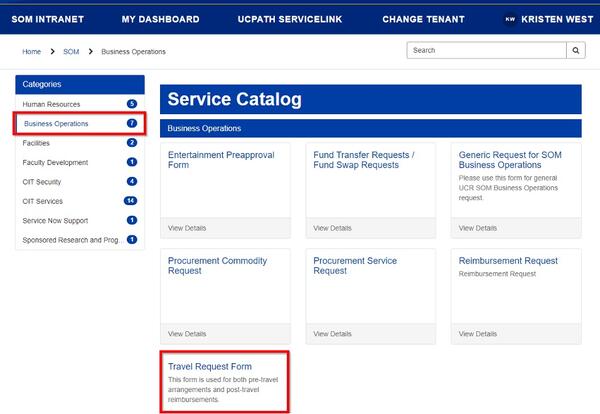 Screenshot of the service catalog