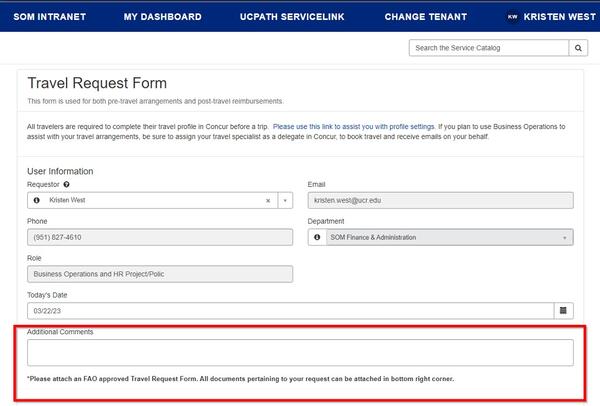 Screenshot of Travel Request form