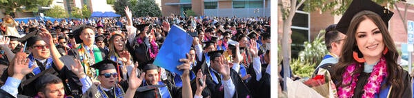 Students at graduation with a staff member receiving a degree