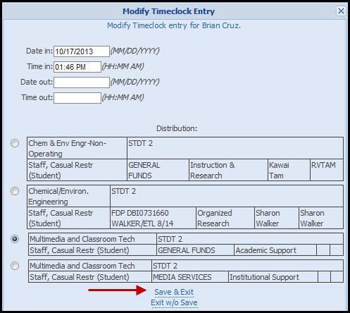 a screenshot of a large form for modifying timeclock entry