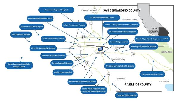 map of the inland empire with affiliates listed. The list appears elsewhere on this page.